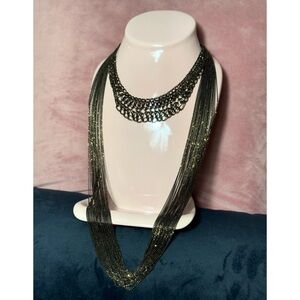 2-Piece Black & Brown Multi-Layer Statement Chain Necklace Lace Bib Choker Set